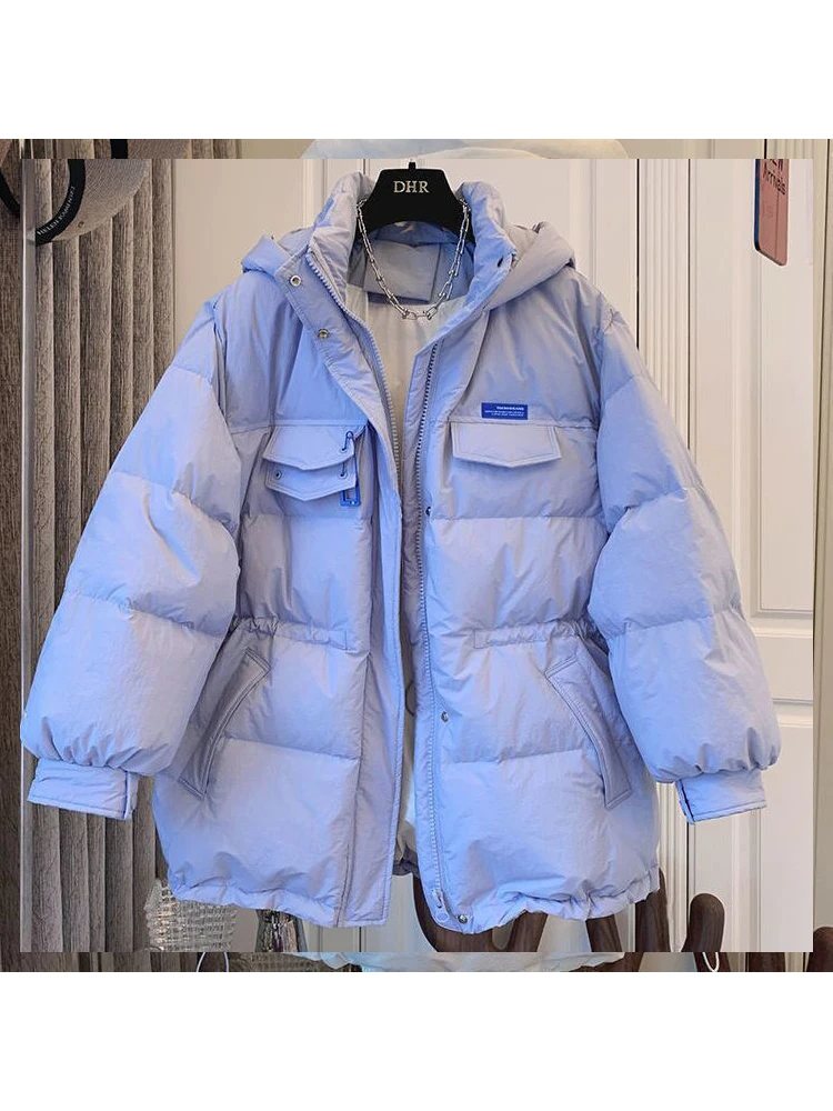 

2022 Autumn Winter Women Thick Warm Hooded Down Jacket Thicken Solid Color Cotton Padded Coat Zipper Pleated Parka