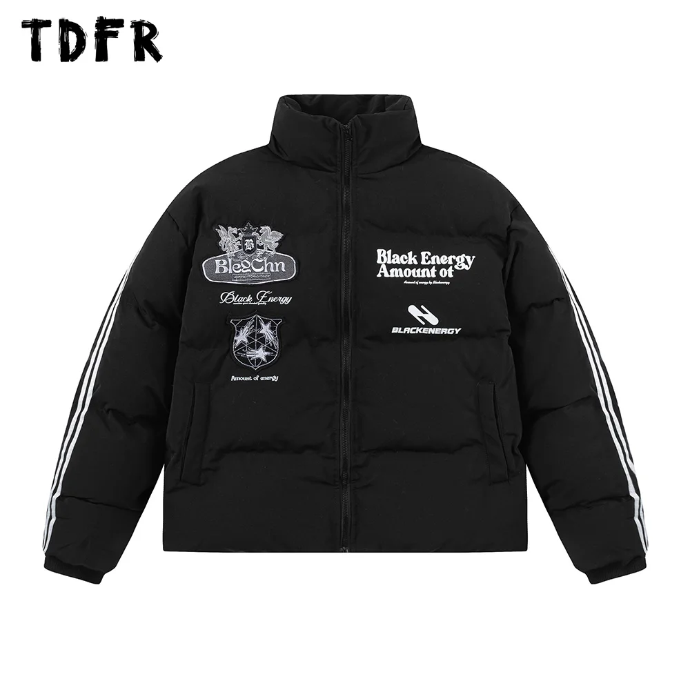 

Patch Embroidery Padded Jacket Mens Letter Print Winter Casual Loose Stand Collar Long Sleeve Thick Outerwear Men
