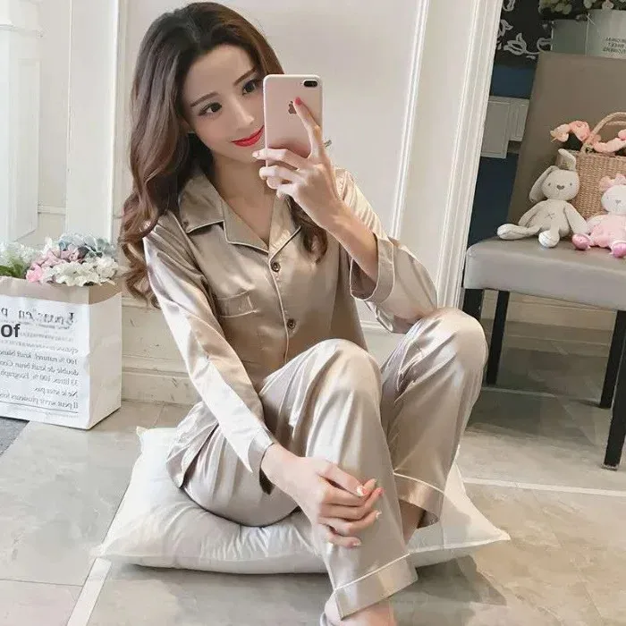 لون نقي الحرير الجليد طويلة الأكمام السراويل الطوي...