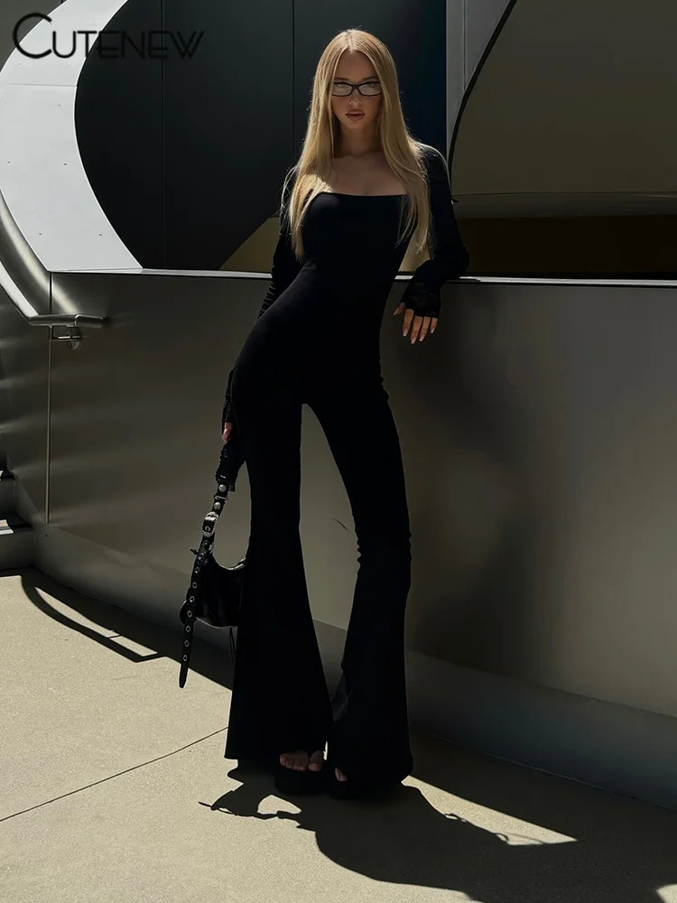 Sporty Jumpsuits Women Concise Casual Autumn New Square Neck Long Sleeve Skinny Stretch Overalls Basic Female One Piece