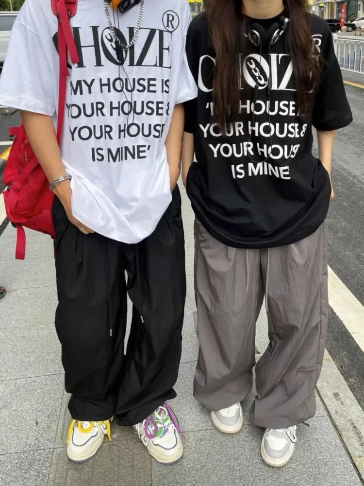 New High Street Retro Paratrooper Cargo Pants Men and Women Korean Fashion Streetwear Drawstring Loose Straight Wide Leg Pants