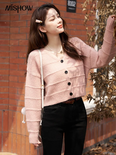 MISHOW Women s French Knitted Button Cardigan 2023 Autumn Vintage V Neck Short Sweater Single Breasted Sweet Tops MXC41Z0153