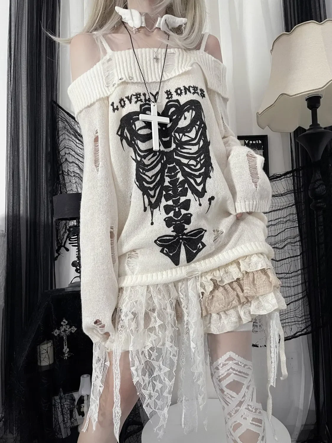 

Y2k Punk Women Off Shoulder Long Sleeve Knitted Pullovers Skeleton Print Broken Hole Sweater Harajuku Gothic Bow Grunge Jumper