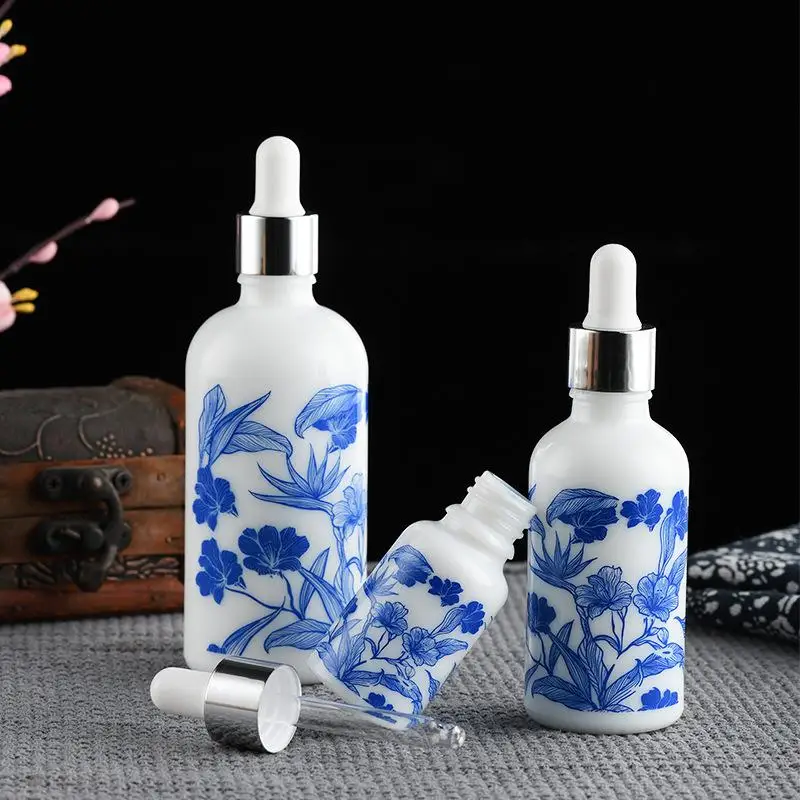 Elegant Porcelain-Inspired Dropper Bottles in Blue and White Design