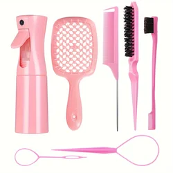 Ultimate Hair Styling Kit: 7 - Piece Set with Detangler, Bristle Brush, Dual Edge Brushes & Scalp Massager (Pink)