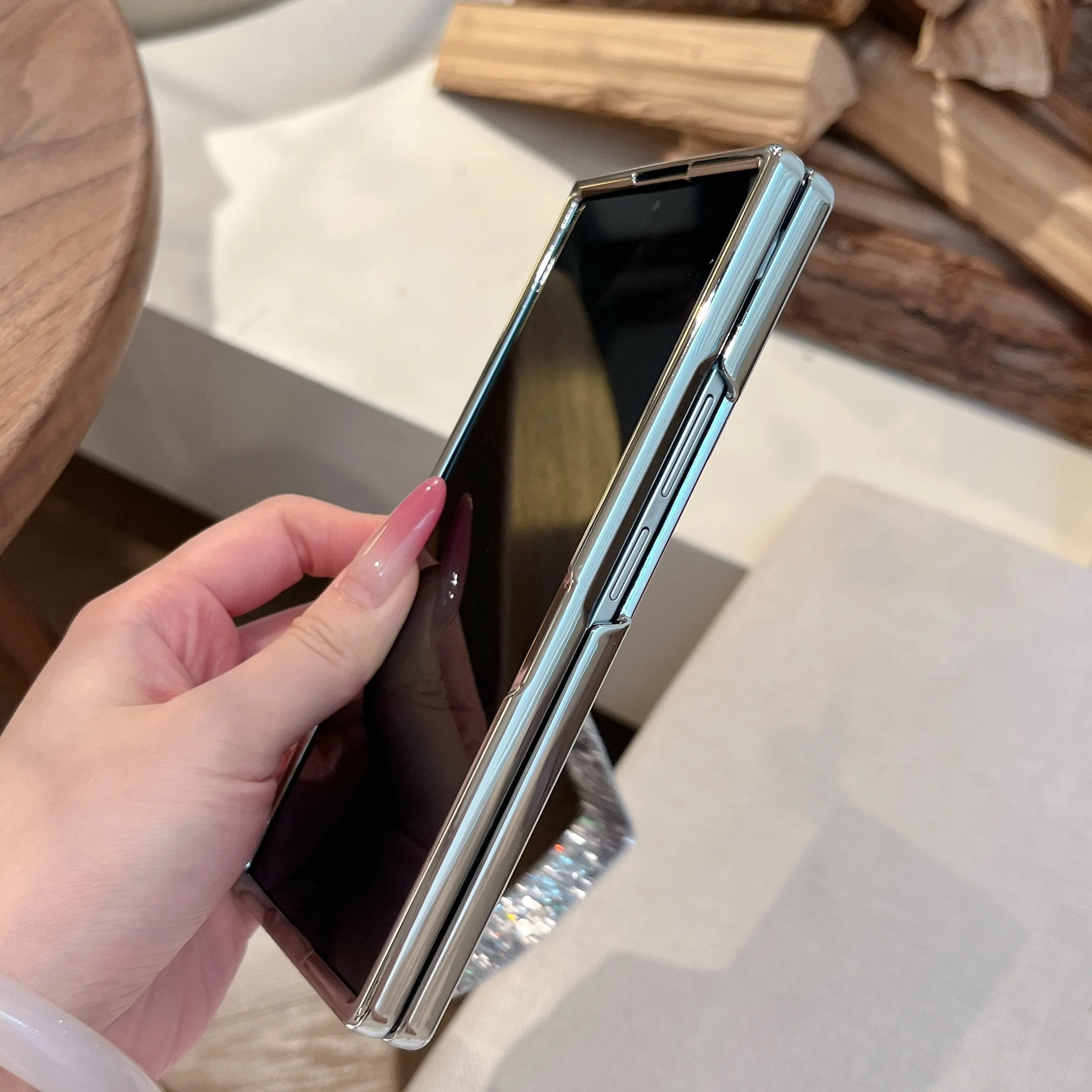 Shiny Silver Magnetic Phone Case For Samsung Z Fold With Lanyard_voghion.com