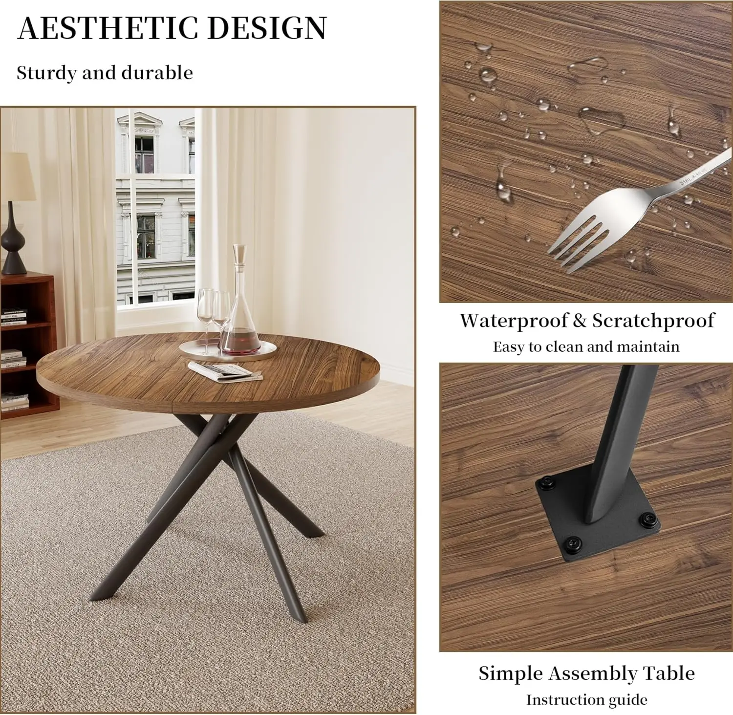 45.3'' Walnut Round Dining Table Set for 4, Mid Century Modern Small Coffee Set for Dining Room Kitchen Apartment