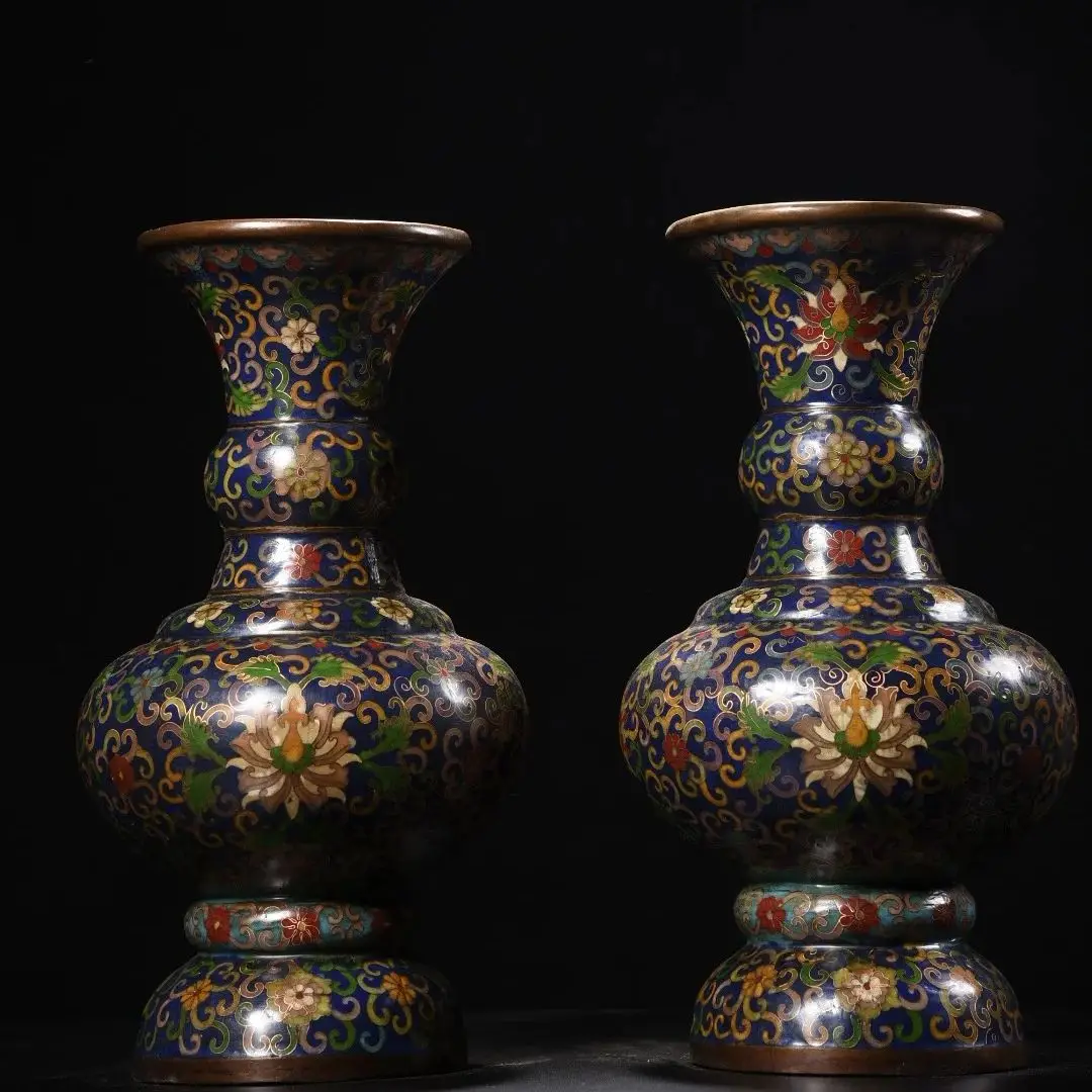 

13"Tibetan Temple Collection Old Bronze Cloisonne Enamel Lotus pattern Bottle Vase A Pair Base Amass wealth Ornaments Town House