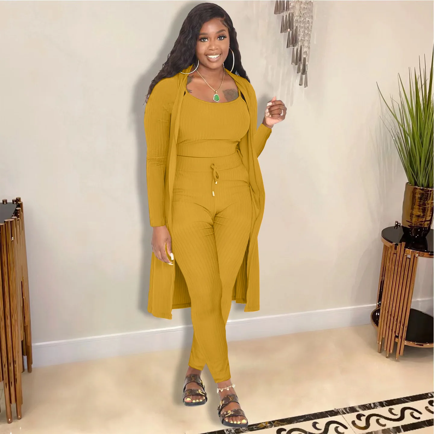 

2023 Fall Fashion Women's Suit Halter Vest + Long-Sleeved Slim Cape + Close-Fitting Pants Outfits Solid Color Lady 3-Piece Set