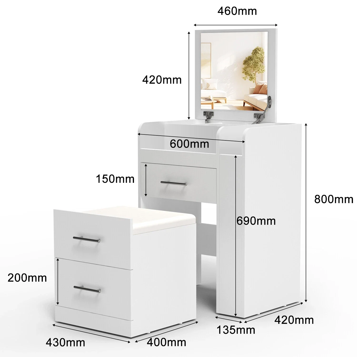 Toeletta con specchio e sgabello Cosmetici salvaspazio Comò da tavolo Specchio nascosto Comò a 3 cassetti Bianco