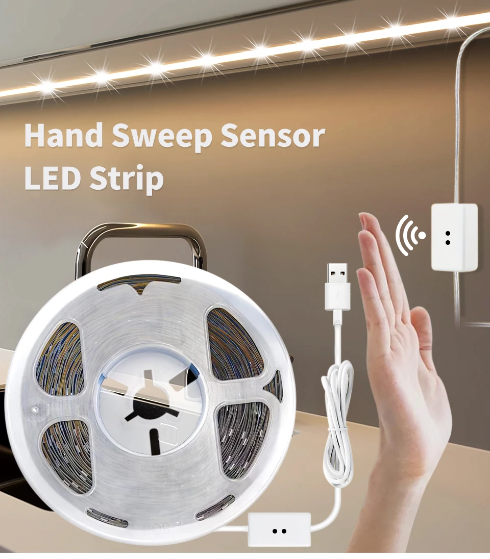 Description Picture 2 of item5V LED Strip Lights 1M 2M 3M 4M 5M 10M USB Diode Tape with Hand Scan Sensor Switch for Bedroom Cabinet Closet Kitchen Stairs