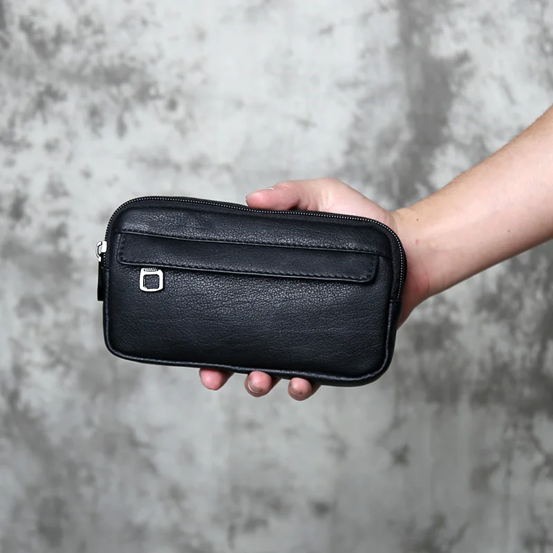 NZPJ Genuine Leather Men's Waist Bag Casual Top Layer Cowhide Waist Hanging Bag Large Capacity Wallet  for 6.9-Inch Mobile Phone