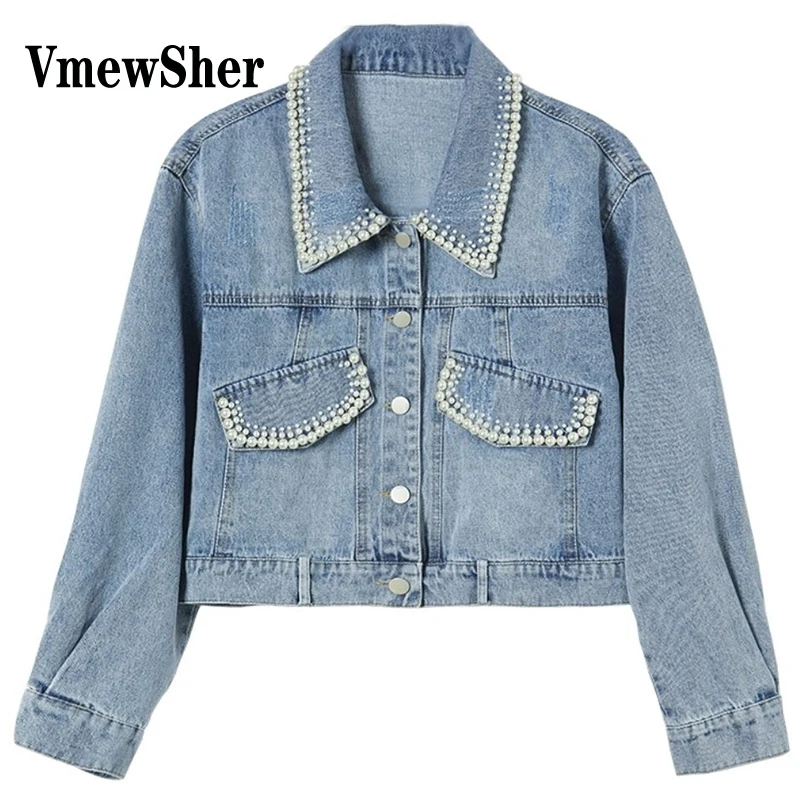 

Женская короткая джинсовая куртка VmewSher, укороченный топ с жемчужными бусинами, джинсовая куртка с отложным воротником и длинным рукавом, в Корейском стиле, весна-осень 2023