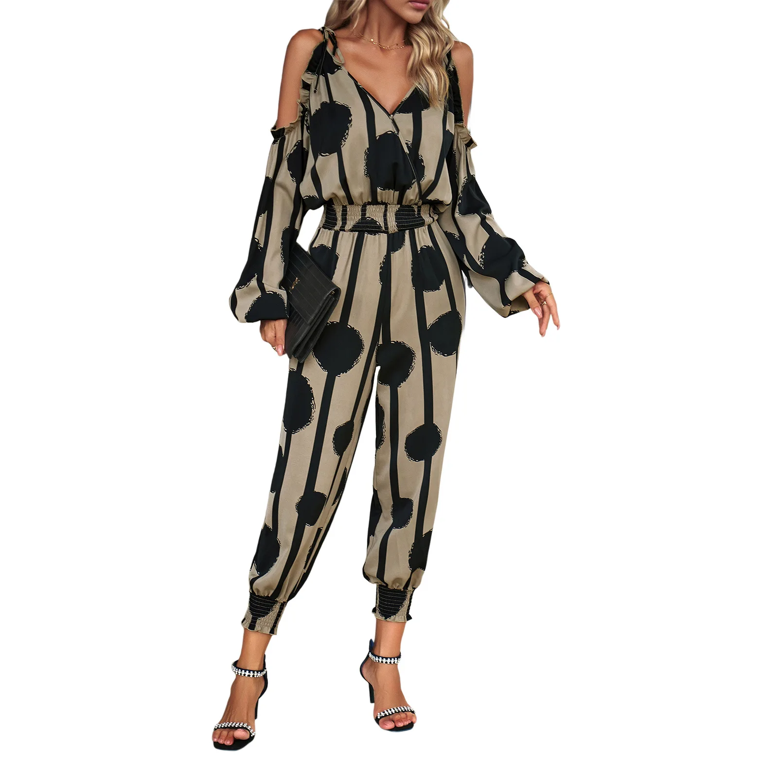 Autumn Women Casual Long Sleeve V-Neck Jumpsuits Ladies Sexy Bodysuit Fashion Looseelastic Waist Long Pants Women's Pants
