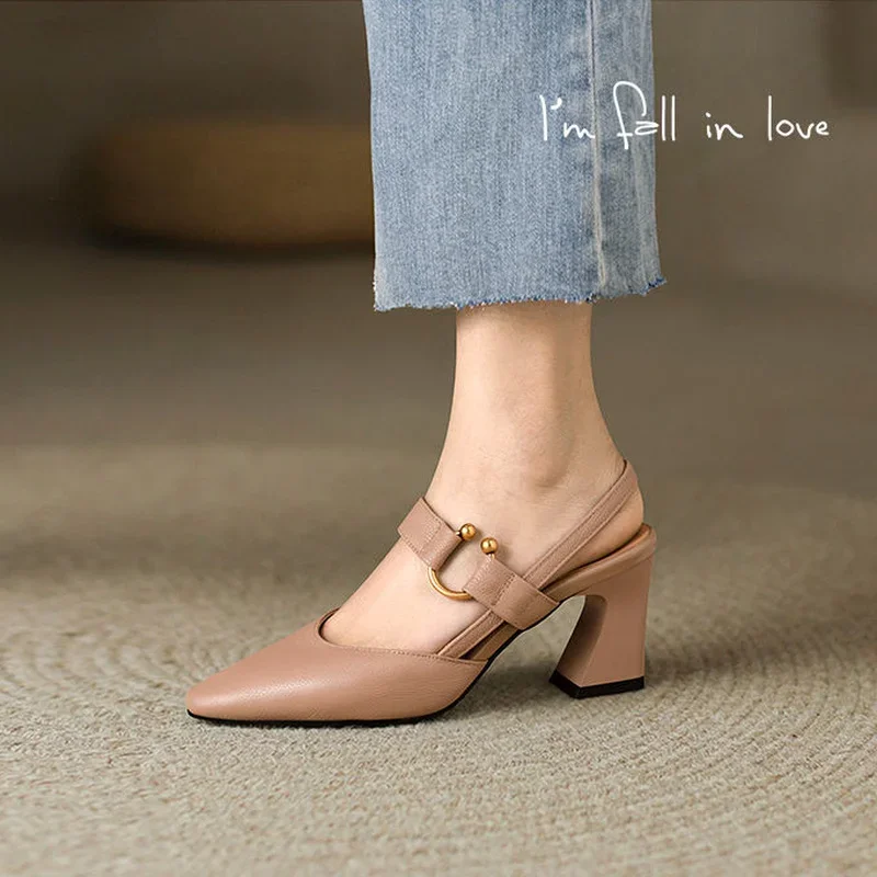 Leather Block Heel Summer 2025 High Heels Pointed Toe One Word
