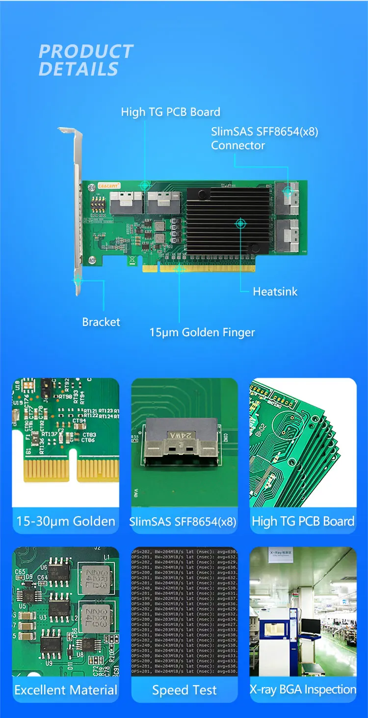 Description Picture 2 of itemCEACENT CNS44PE16 NVMe SSD to PCIe Adapter, PCIe 3.0 x16 4*SFF-8654(x8) for NVMe U.2 or PCIe Extend, No PCIe Bifurcation Need