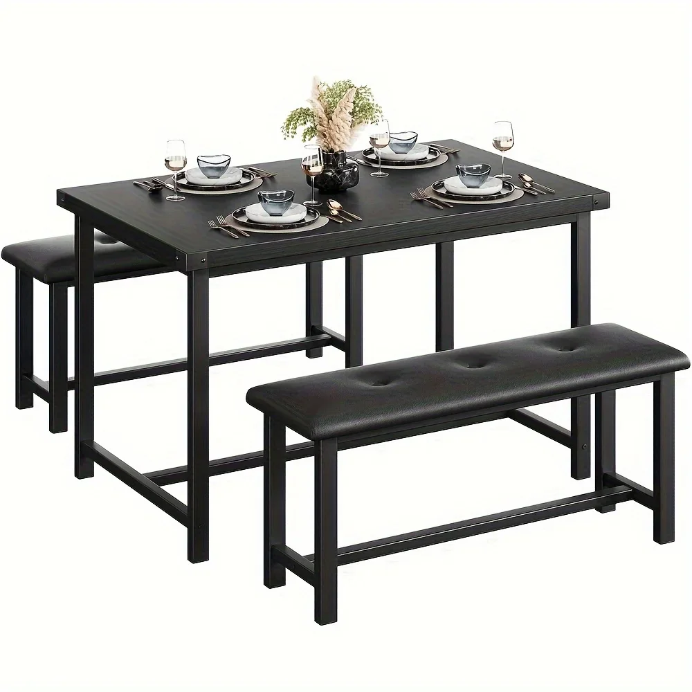 

Elegant 3 Piece Dining Table Set for 4 with Soft Upholstered Benches - Perfect Breakfast Table Set for Kitchen or Living Room