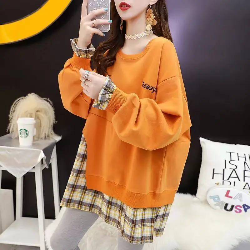 Female Casual Loose Fake Two Pieces Round Neck Sweatshirts Autumn Winter Korean Plaid Spliced Pullovers Tops Women's Clothing