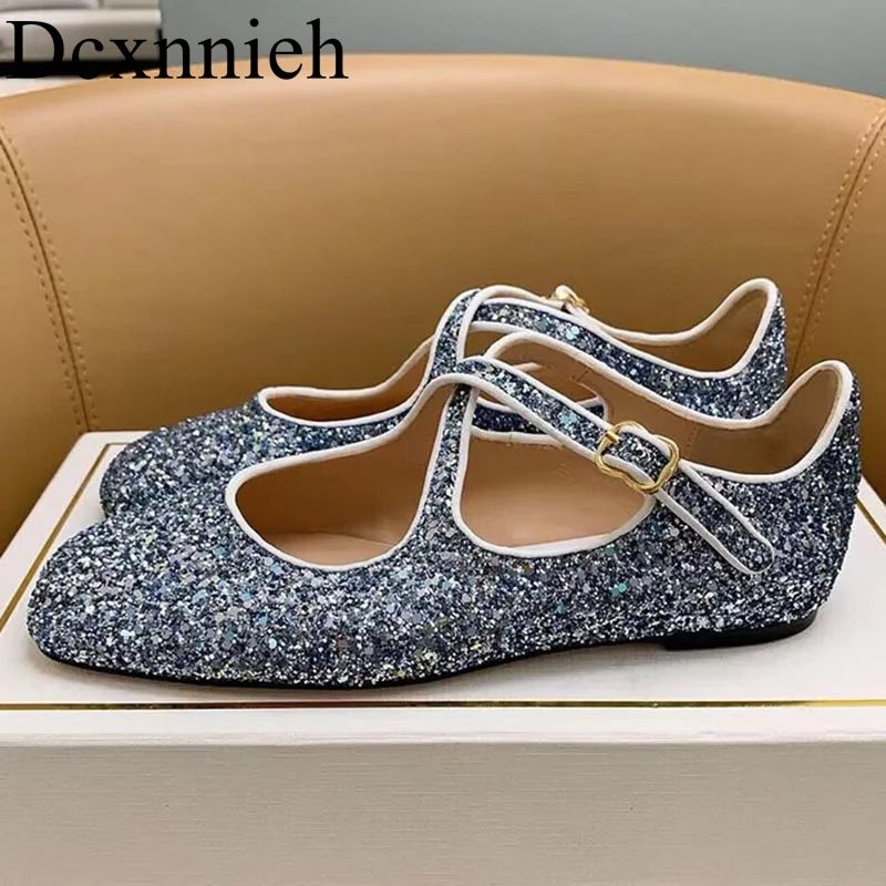 

Round Toe Sequin Shiny Cross Connection Mary Jane Shoes Women Solid Color Walking Shoes Spring Autumn Flat Bottom Ballet Shoes