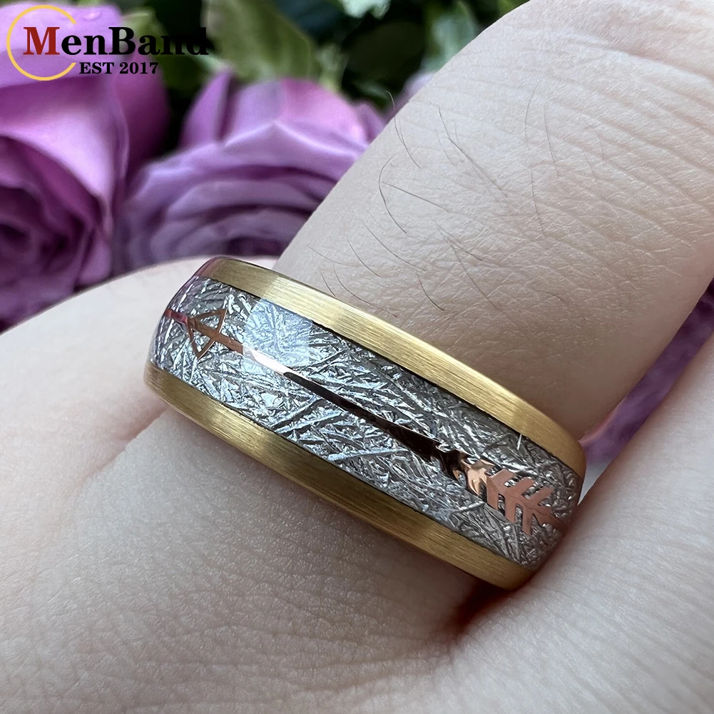 MenBand Fashion 8MM Women's Tungsten Carbide Wedding Ring White Meteorite And Rose Gold Arrow Inlay Comfort Fit
