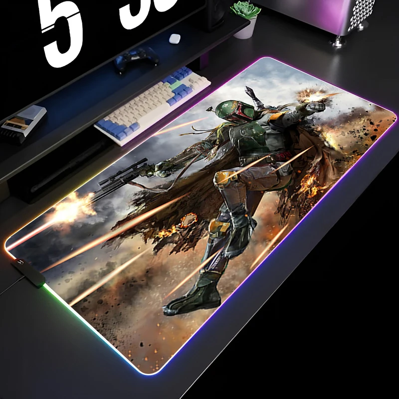 

Boba Fett Star Wars RGB Mouse Pad Laptop LED Luminous Gaming Mousepad PC Office Keyboard Table Mat 900x400 Anime Large MousePads