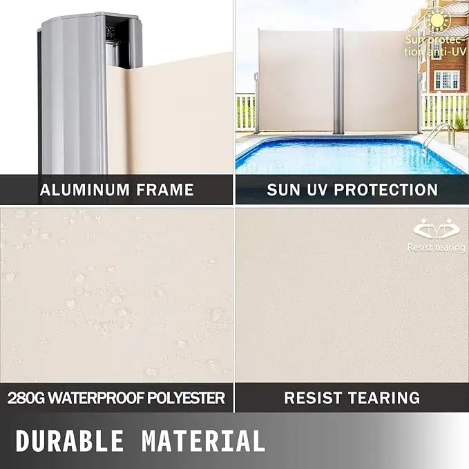 Retractable Side Awning UV 50 236" x 63" Double Retractable Patio Screen Waterproof 280 g Thicken Retractable Room Garden Beige