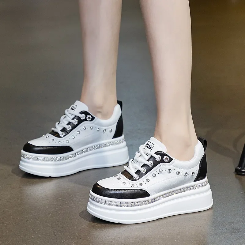 7cm Genuine Leather Women Fashion Casual Bling Chunky Sneakers Platform Wedge Vulcanized Autumn Spring Hidden Heels Ladies Shoes 6