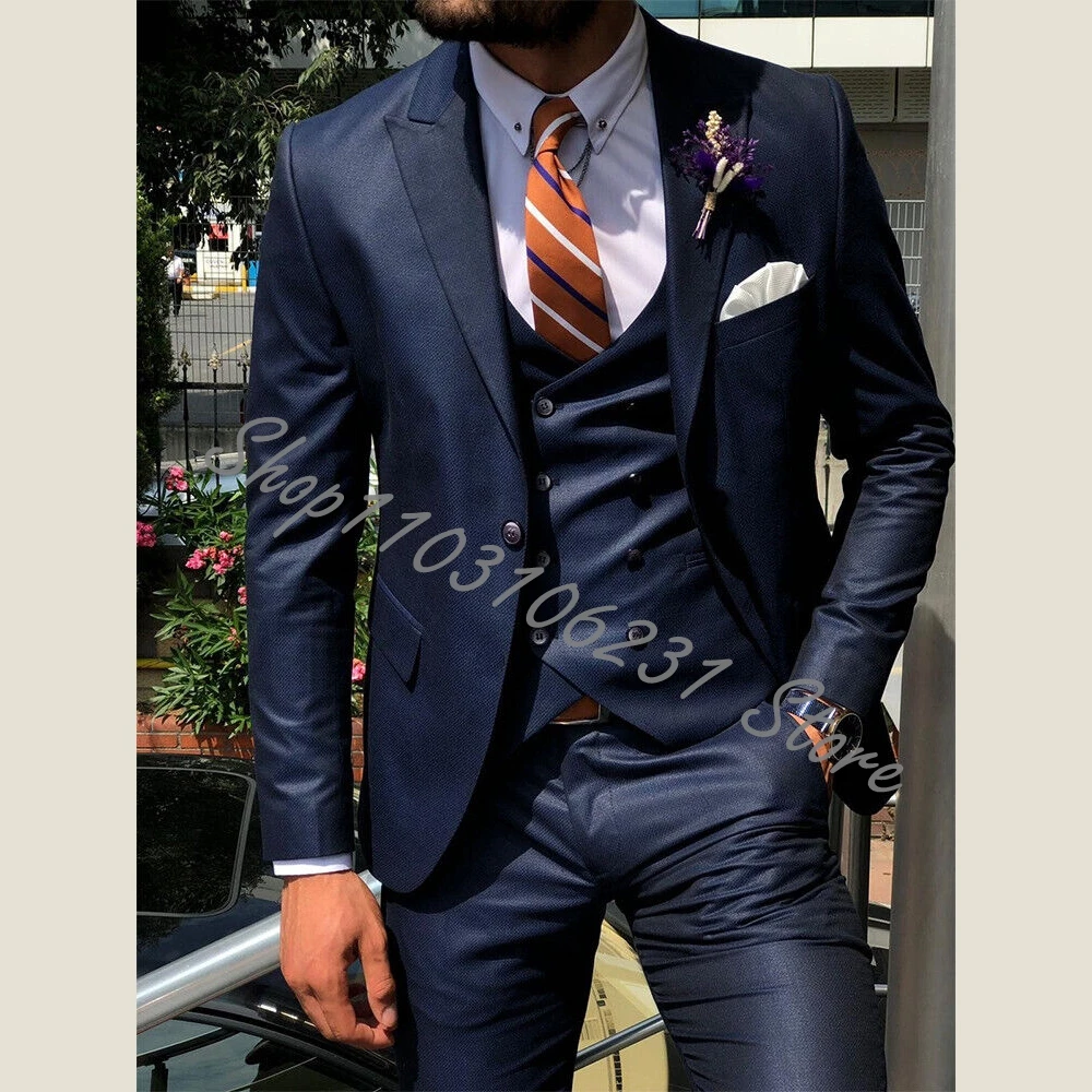 Black Men's Suits Blazer Wedding Tuxedos Peak Lapel Jacket Vest Pants 3 Piece Slim Fit Suits Men Groom Tuexdos Costume Homme