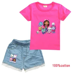 Gabbys Dollhouse Cats Clothes Toddler Girls Casual Outfits Boys Summer Clothing Kids Cotton T-shirts + Denim Shorts 2pcs Sets