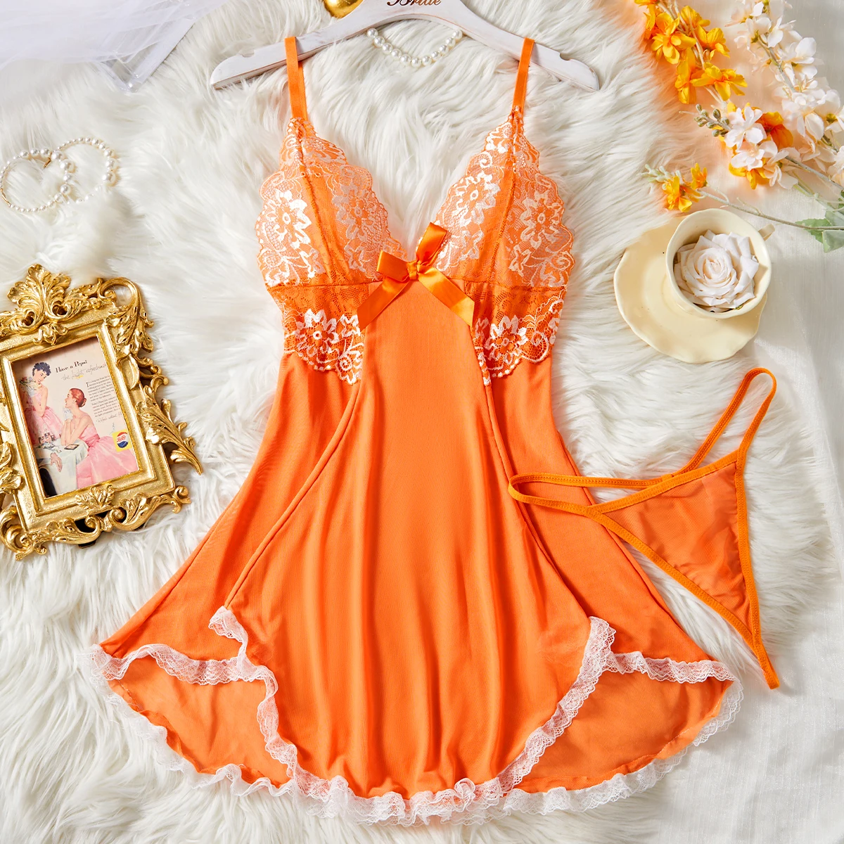Seductive Pink Lace Babydoll Lingerie Set with Thong