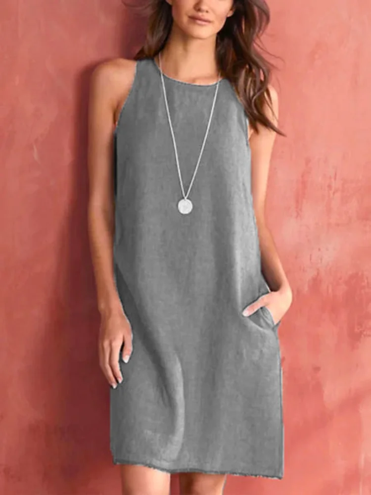 Sharon Vestido Midi Vintage de Algodón y Lino con Cuello de Solapa