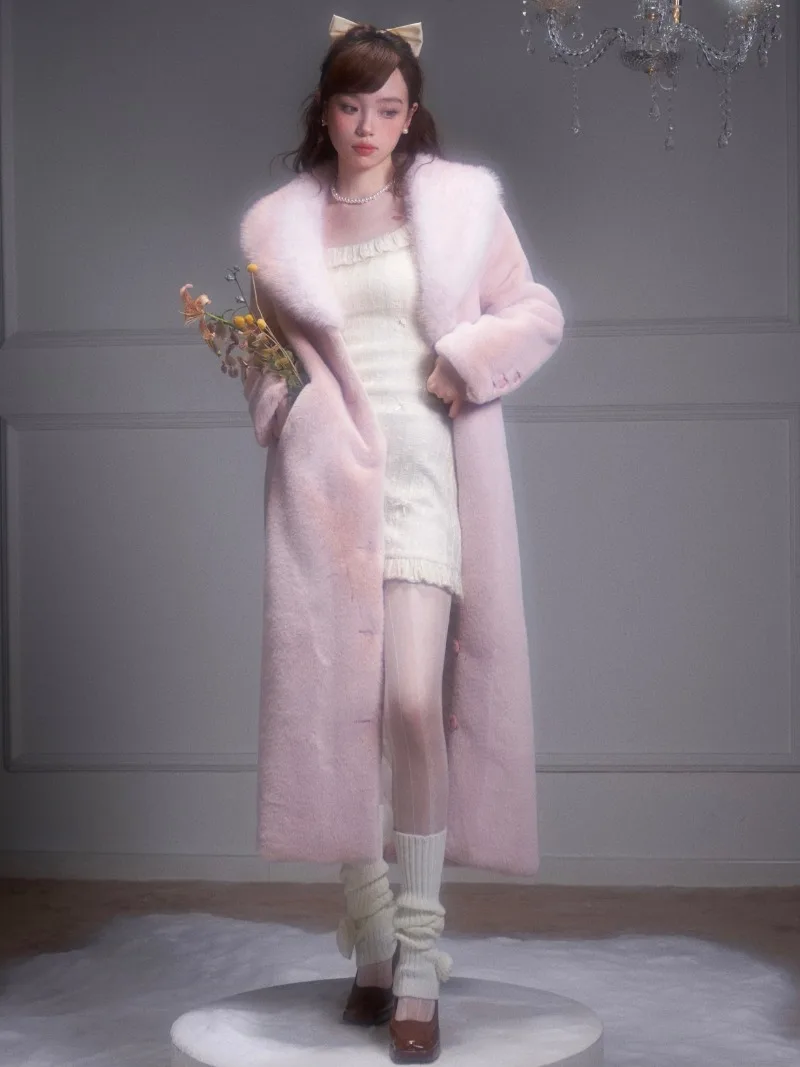 Japanese Rojita Single-Breasted Pink Gradient Fur Collar Furry Quilted Woolen Environmental Protection Autumn Winter Coat Jacket