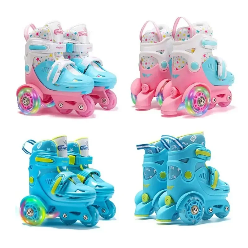 

2-8 Kids Double-row Roller Skates Adjustable Elastic PU Inline Rollers Skates PVC Double-shoe Brakes Safe Auxiliary Wheel Skate