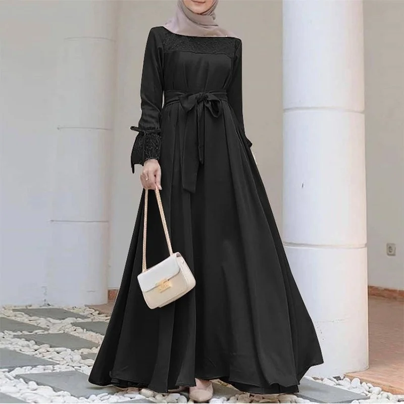 2023 European and American Abaya Femme Solid Color Collage Slim Robe Femme Musulman Large Skirt Casual Women's Dress  Wholesale