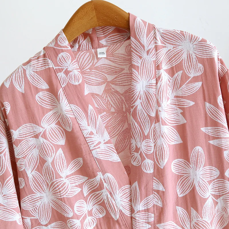Women's Pure Cotton Gauze Pajamas Thin Jacquard Bathrobes Autumn Long Sleeve Japanese Kimono Robe Loose and Casual Home Wear