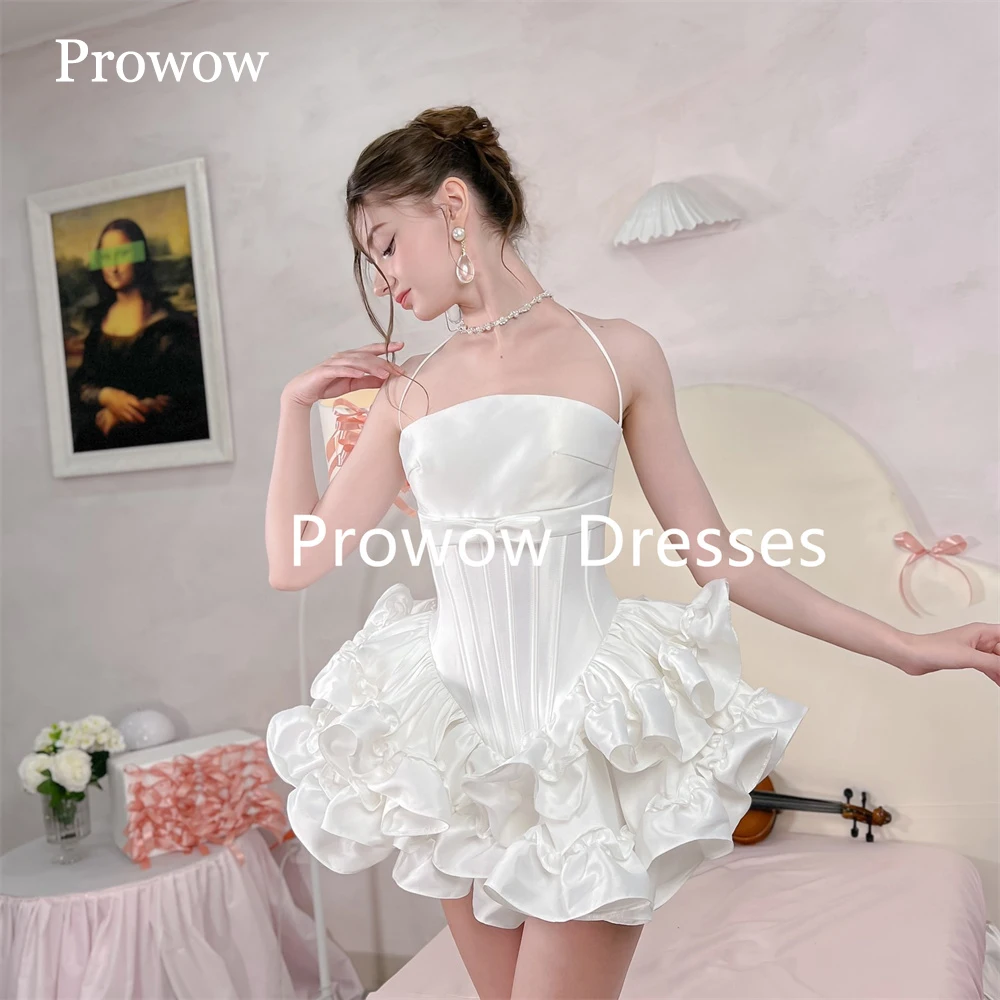 Prowow Sexy Ivory Puffy Mini Prom Cocktail Dresses Pleats Satin Ruffles A Line Wedding Party Dress Halter Formal Gown
