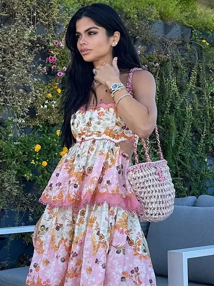Elegant Ruffles Layer Printed Cake Maxi Dresses for Women 2024 Summer Vacation Backless Print Dress Ladies Streetwear 2