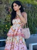 Elegant Ruffles Layer Printed Cake Maxi Dresses for Women 2024 Summer Vacation Backless Print Dress Ladies Streetwear 2