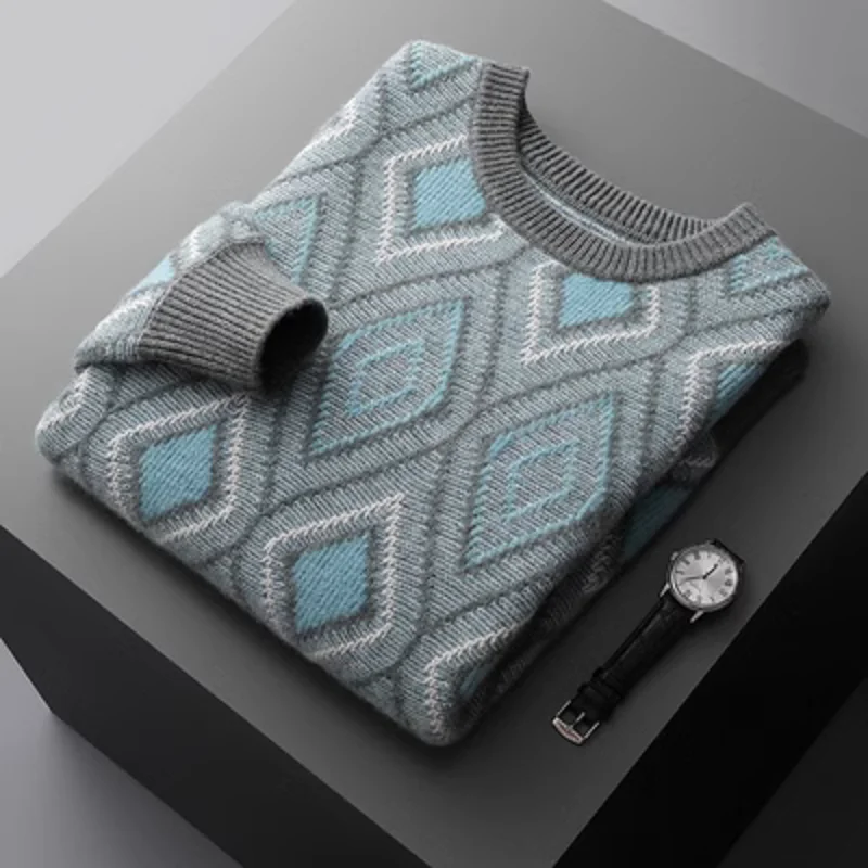 Autumn and winter new 100% merino sweater men's O-neck pullover fashion retro jacquard leisure cashmere sweater bottoming shirt 2