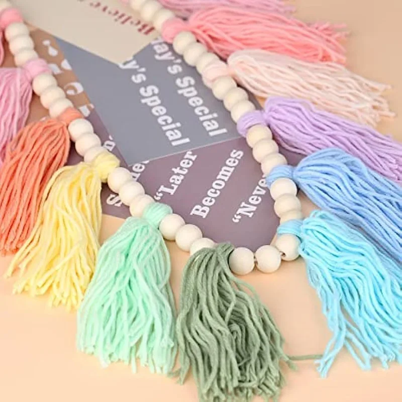 Natural Wood Beads Cotton Yarn Tassel Wall Hanging Handmade Pastel Rainbow Macrame Wall Decor Nursery Bedroom Living Room