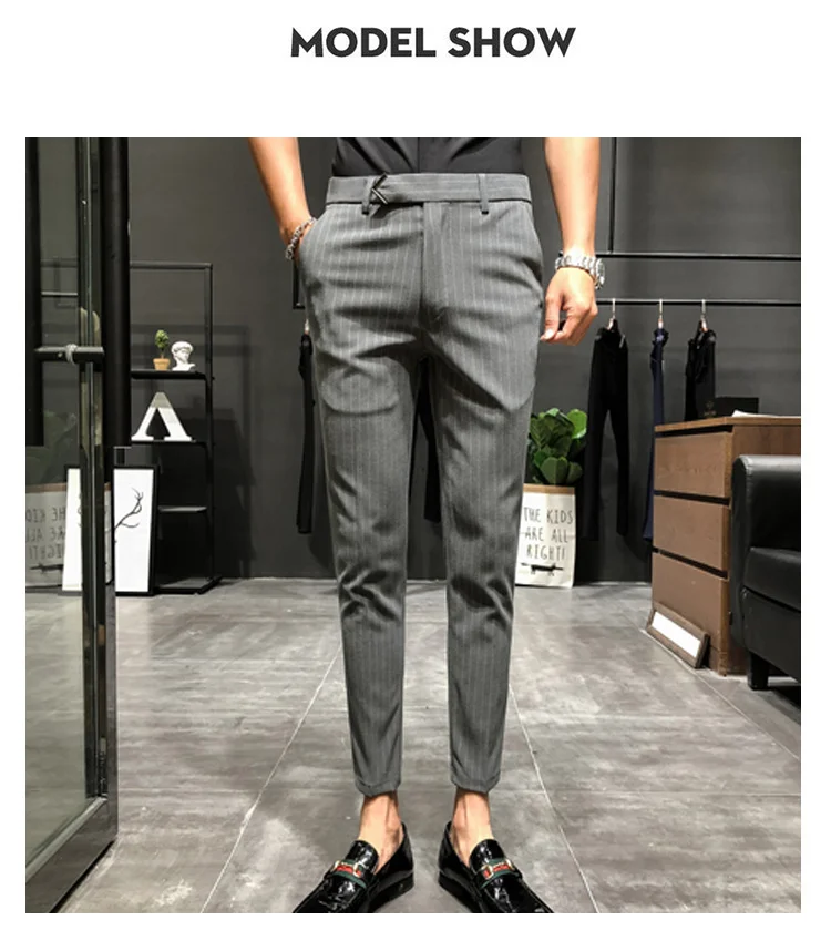 black blazer for men Style British Suit Pants Men Dress Pants Social Slim Fit Office Trousers Men Grey 2022 Spring New Striped Belt Trousers Men's casual blazer