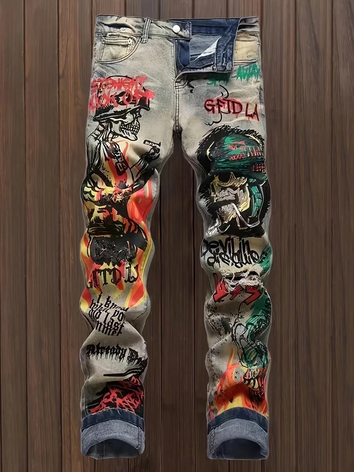 Trendy Washed Hole Printed Denim Jeans