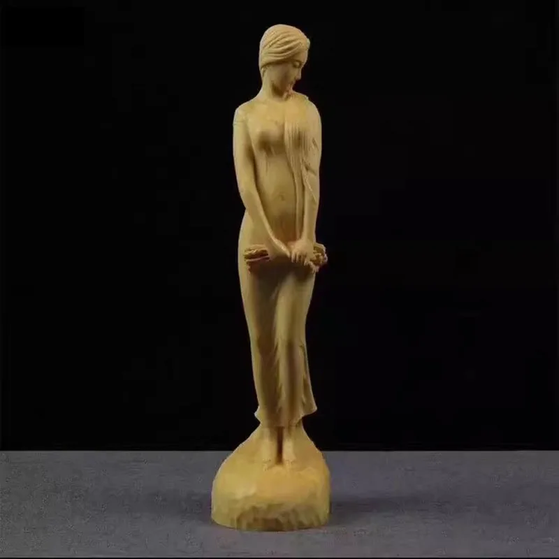 Solid Wood Goddess Figures Statue,Pastoral Girl in Flower Season, Cute Home Room, Office Art Ornaments, Free Delivery