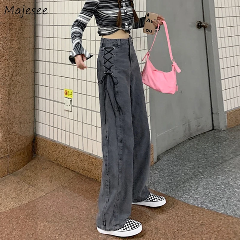 

Gray Jeans Women High Waist Ins Bandage Stylish Loose Hip Hop Wide Leg Summer Korean Style New Chic Minority Fashion Casual Y2k