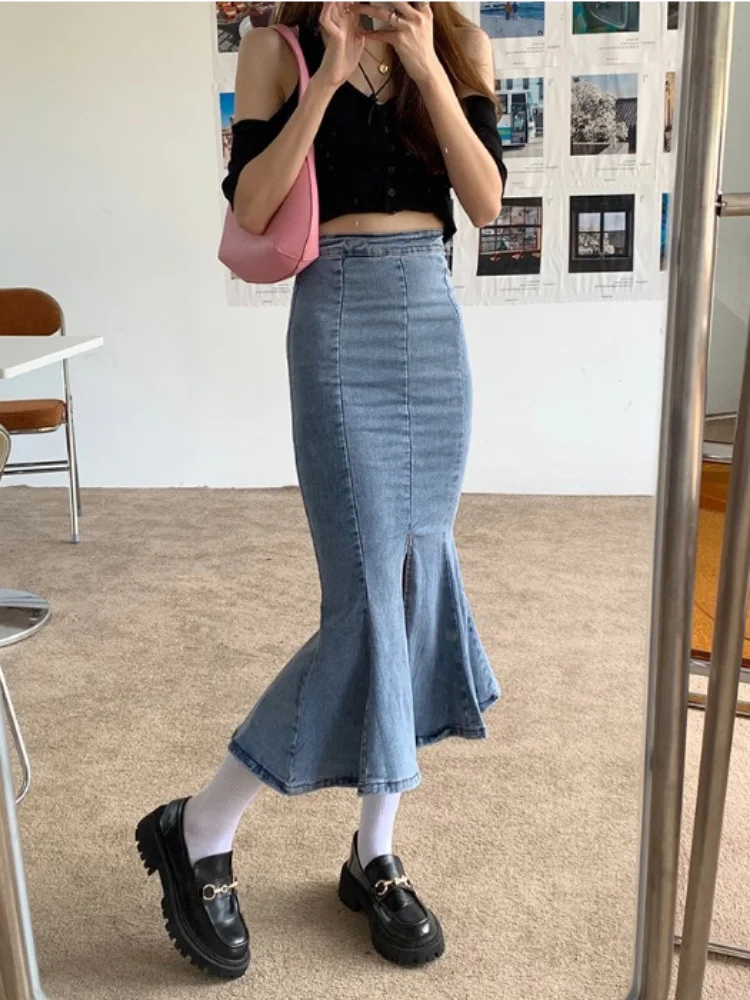 Long vintage mermaid denim skirt