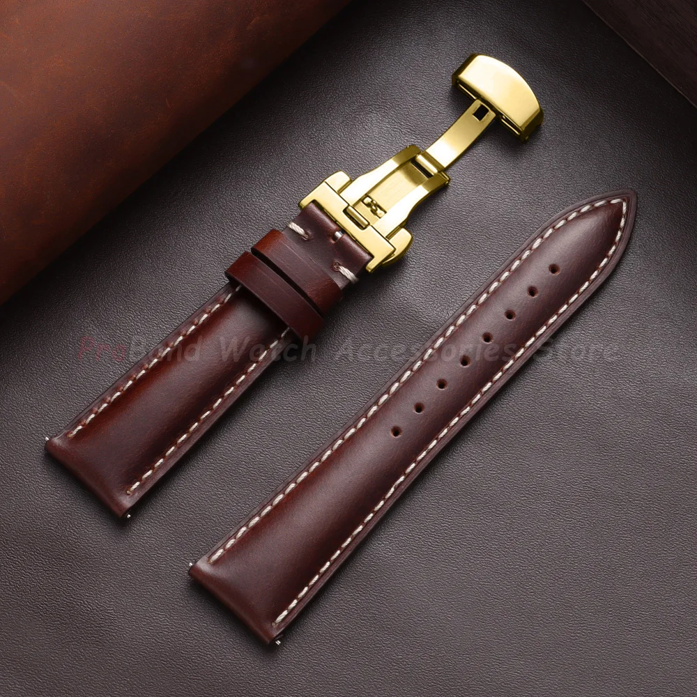 Vintage Brown Oil Wax Leather Watch Strap with Butterfly Buckle - Men's Accessory