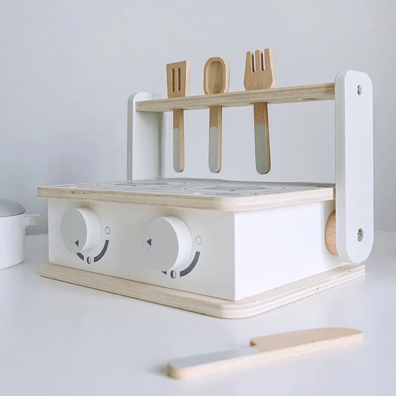 DokiToy Children's Wooden Portable Mini Kitchen Household Gas Stove Toy Children's Cooking And Frying Set Simulation Tableware