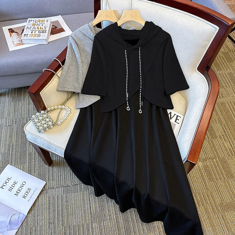 

2024 Summer New Women's 2 Piece Sets Female Short Sleeve Hooded Tops + Long Loose Sleeveless Dress Ladies Casual Suits Z218