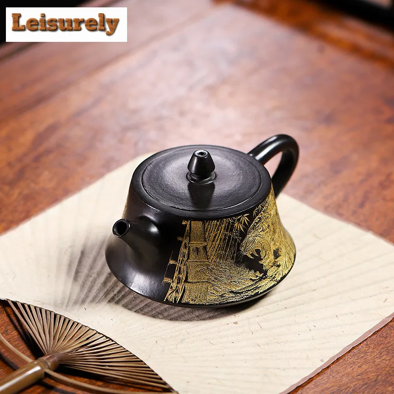 280ml Antique Yixing Purple Clay Teapots Handmade Gold Drawing Pot Raw Ore Dahongpao Reducing Roasting Mud Kettle Zisha Tea Set