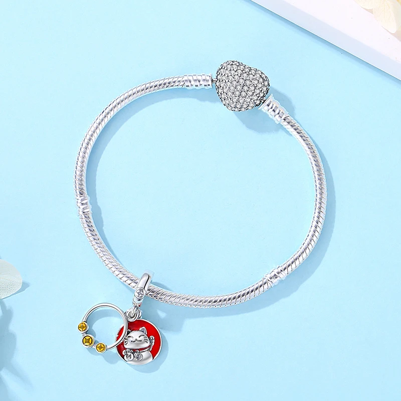 Oryginalne 925 Sterling Silver Charms Maneki Neko Lucky